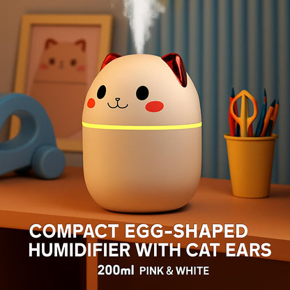 Compact Egg-Shaped Humidifier with Cat Ears - 200ml, Pink & White