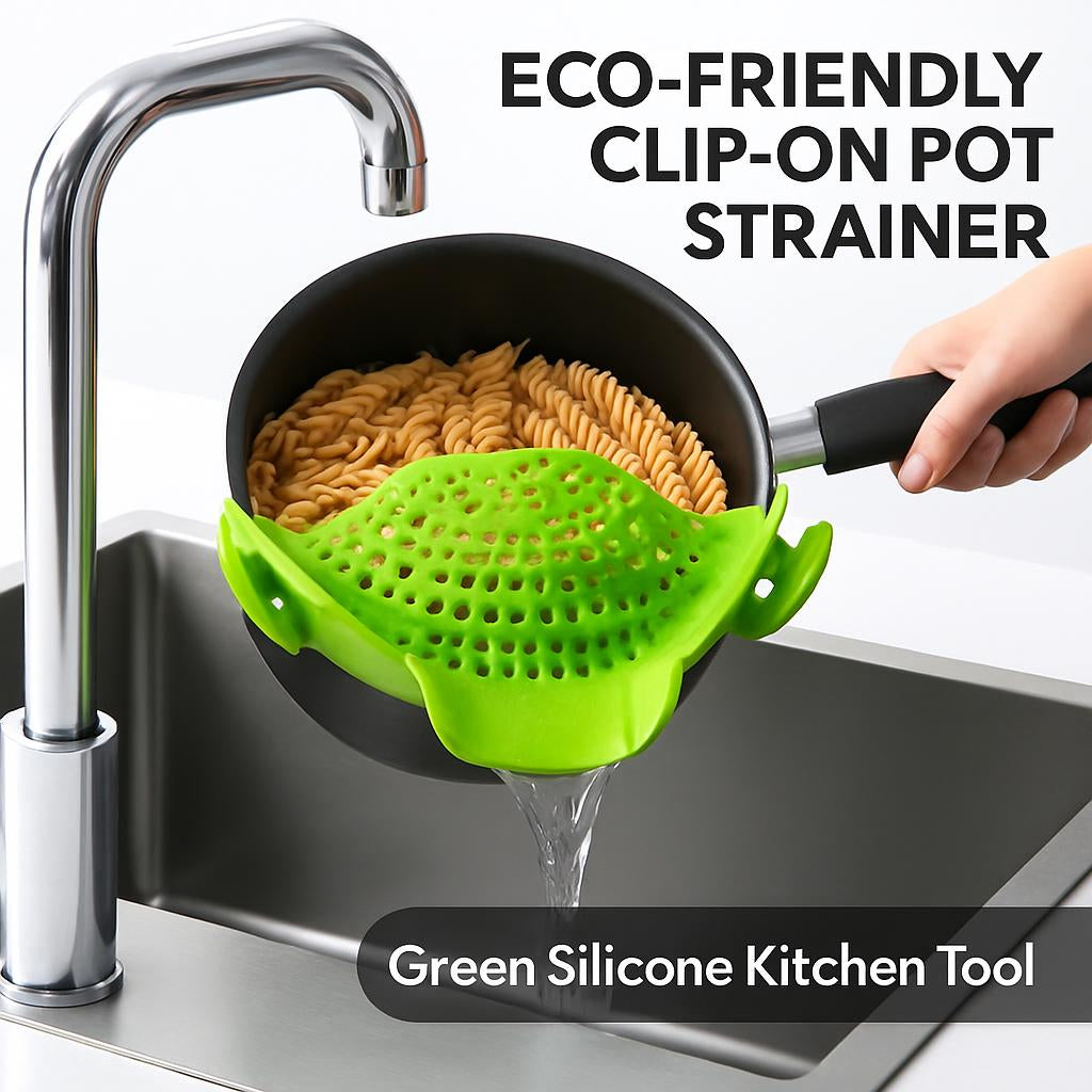 Green silicone clip-on pot strainer for eco-friendly kitchen use