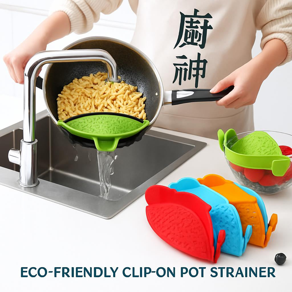 Eco-Friendly Clip-On Pot Strainer - Green Silicone Kitchen Tool