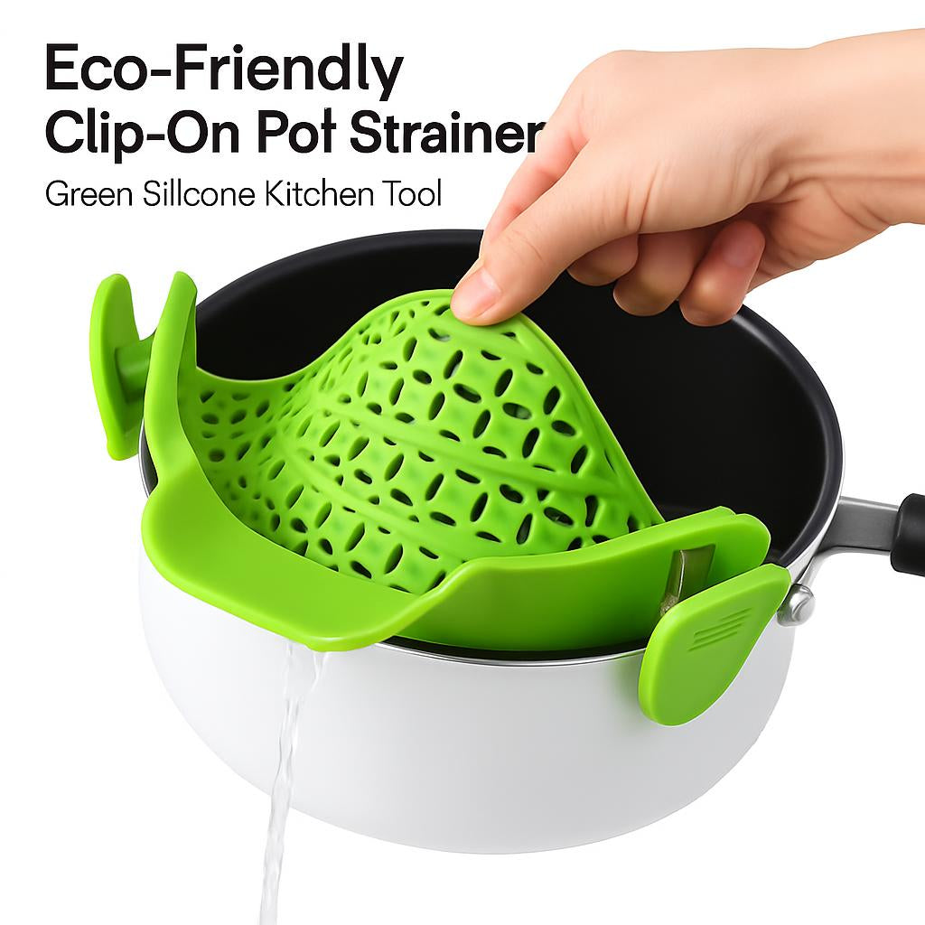 Eco-Friendly Clip-On Pot Strainer - Green Silicone Kitchen Tool