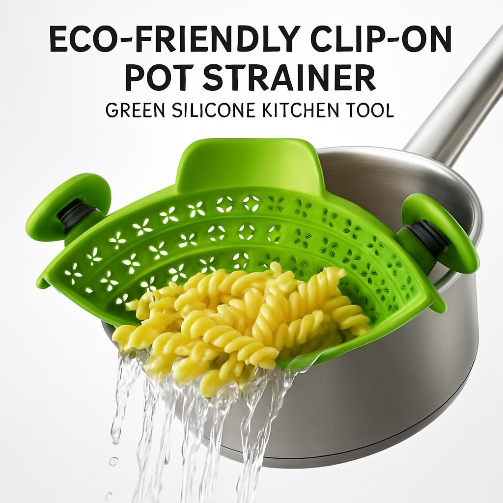 Eco-Friendly Clip-On Pot Strainer - Green Silicone Kitchen Tool
