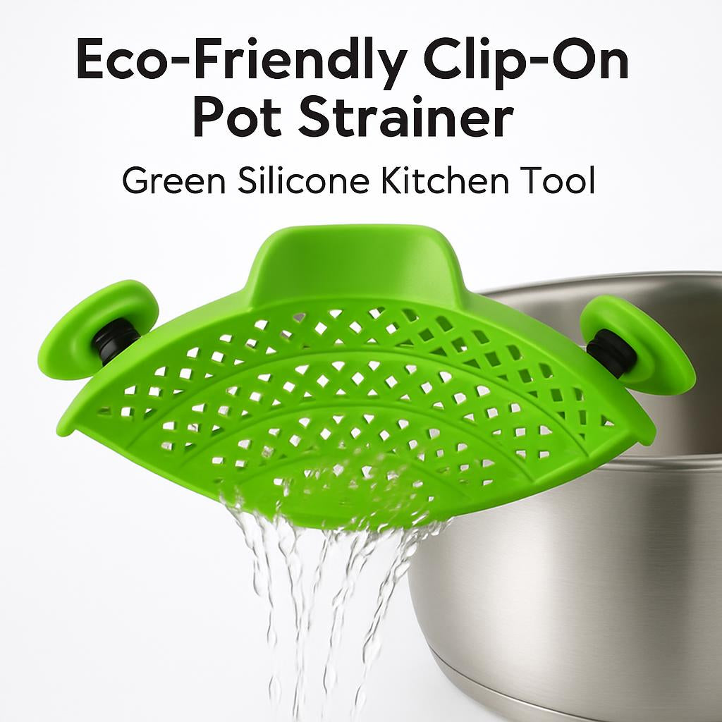 Eco-Friendly Clip-On Pot Strainer - Green Silicone Kitchen Tool