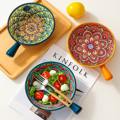 Multicolored ceramic bowls with handles for eco-friendly dining