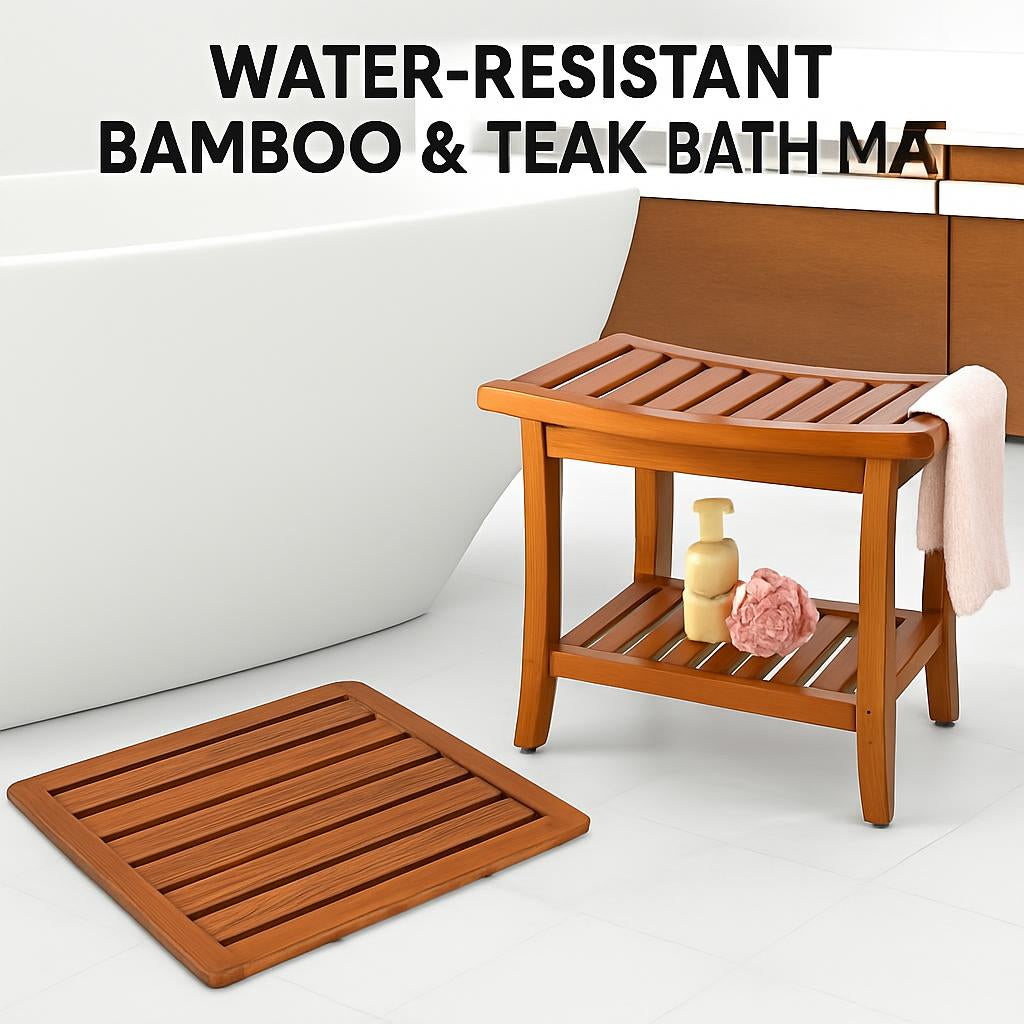Eco-Friendly Bamboo & Teak Bath Mat - Water-Resistant & Non-Slip
