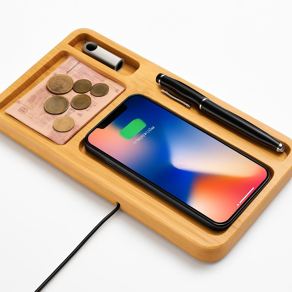 Bamboo Wireless Charging Station and Desk Organizer in Natural Wood Tone