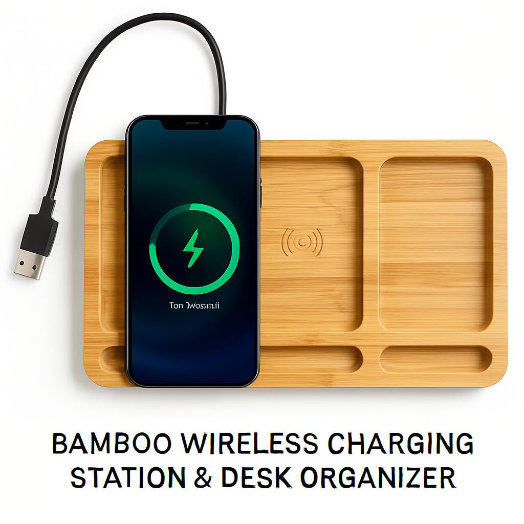 Bamboo Wireless Charging Station & Desk Organizer