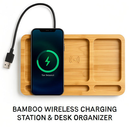 Bamboo Wireless Charging Station & Desk Organizer