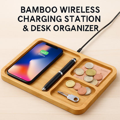 Bamboo Wireless Charging Station & Desk Organizer