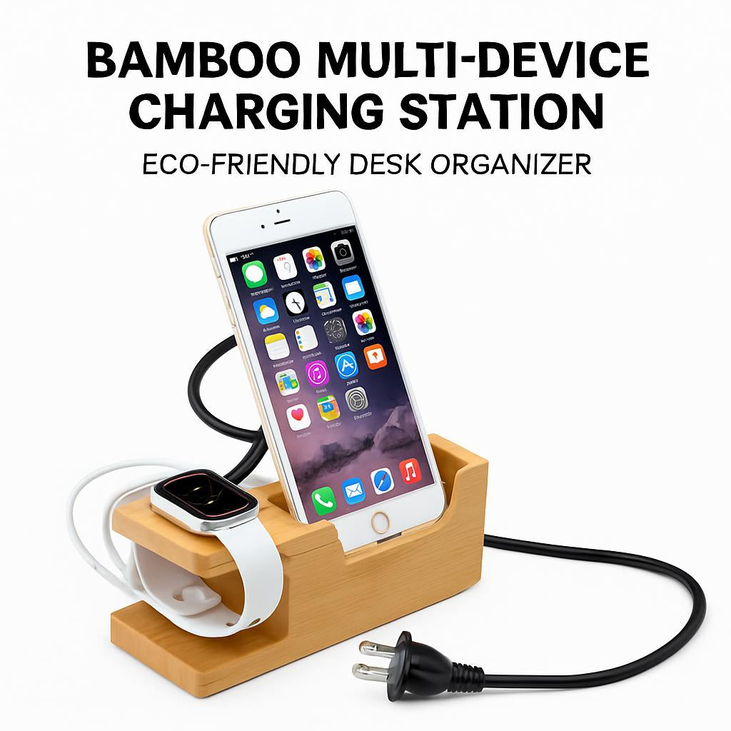 Bamboo Multi-Device Charging Station on Desk