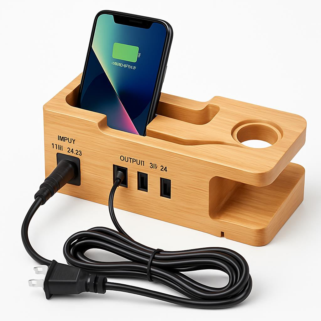 Bamboo Multi-Device Charging Station - Eco-Friendly Desk Organizer