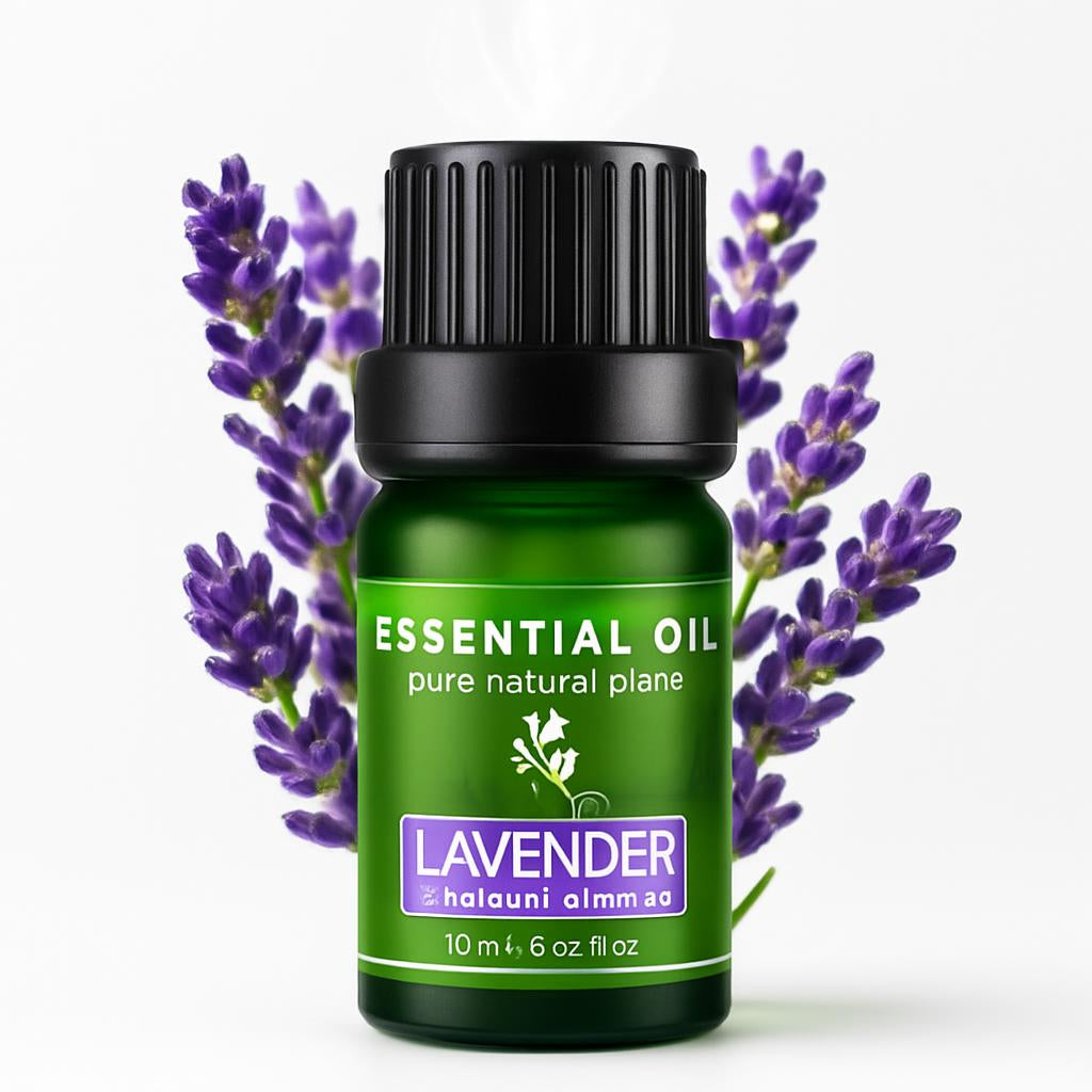 Lavender Essential Oil in Green Glass Bottle with Black Cap