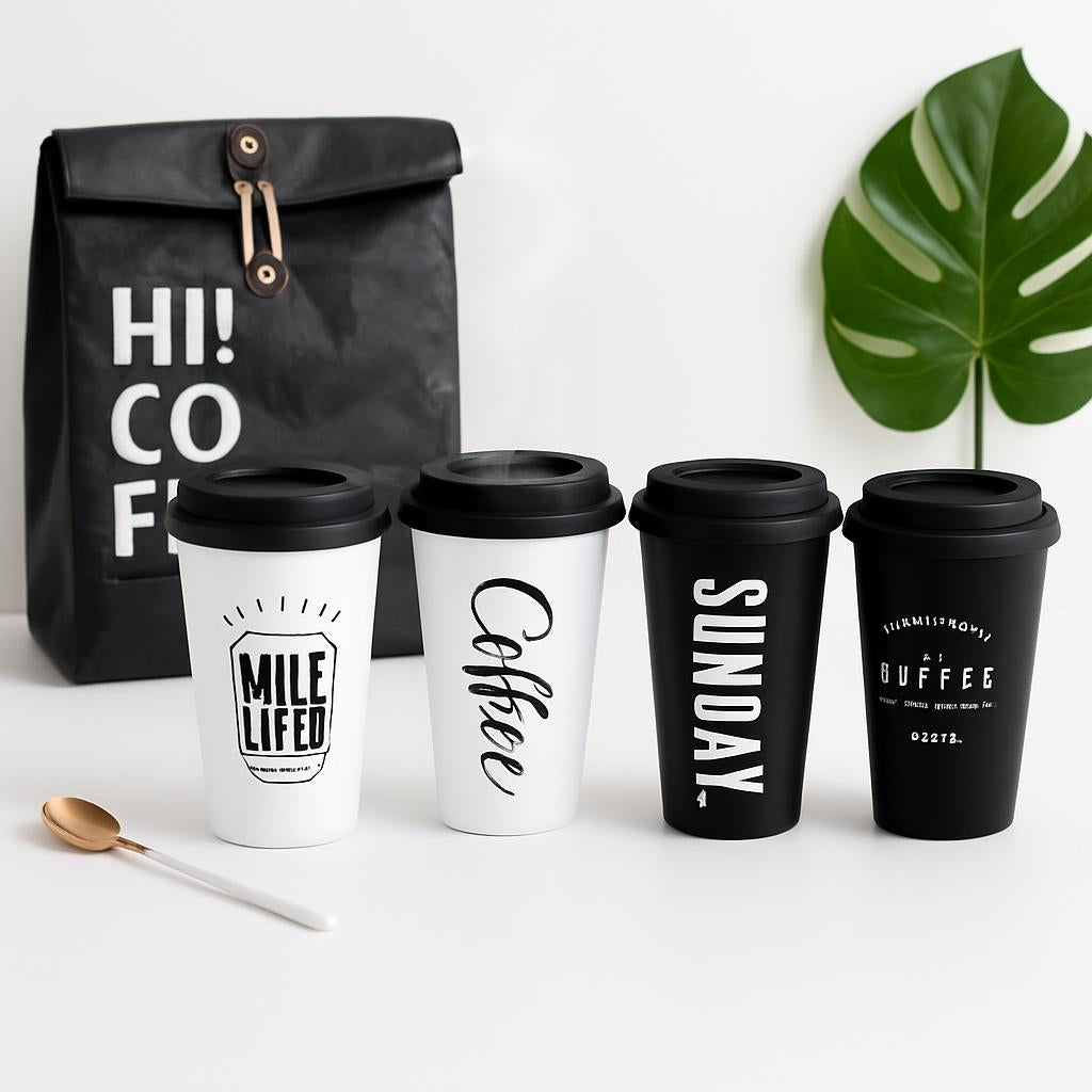 Eco-Friendly Reusable Coffee Cups - Black & White Ceramic or Stainless Steel with Silicone Lids