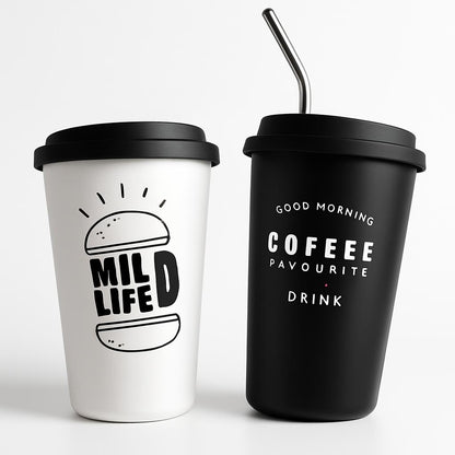 Eco-Friendly Stainless Steel Cups with Lids & Straws 350ml