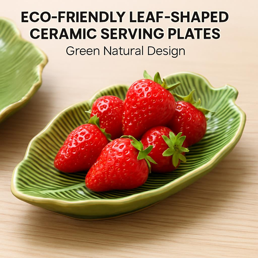 Eco-Friendly Leaf-Shaped Ceramic Serving Plates - Green Natural Design