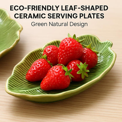 Eco-Friendly Leaf-Shaped Ceramic Serving Plates - Green Natural Design