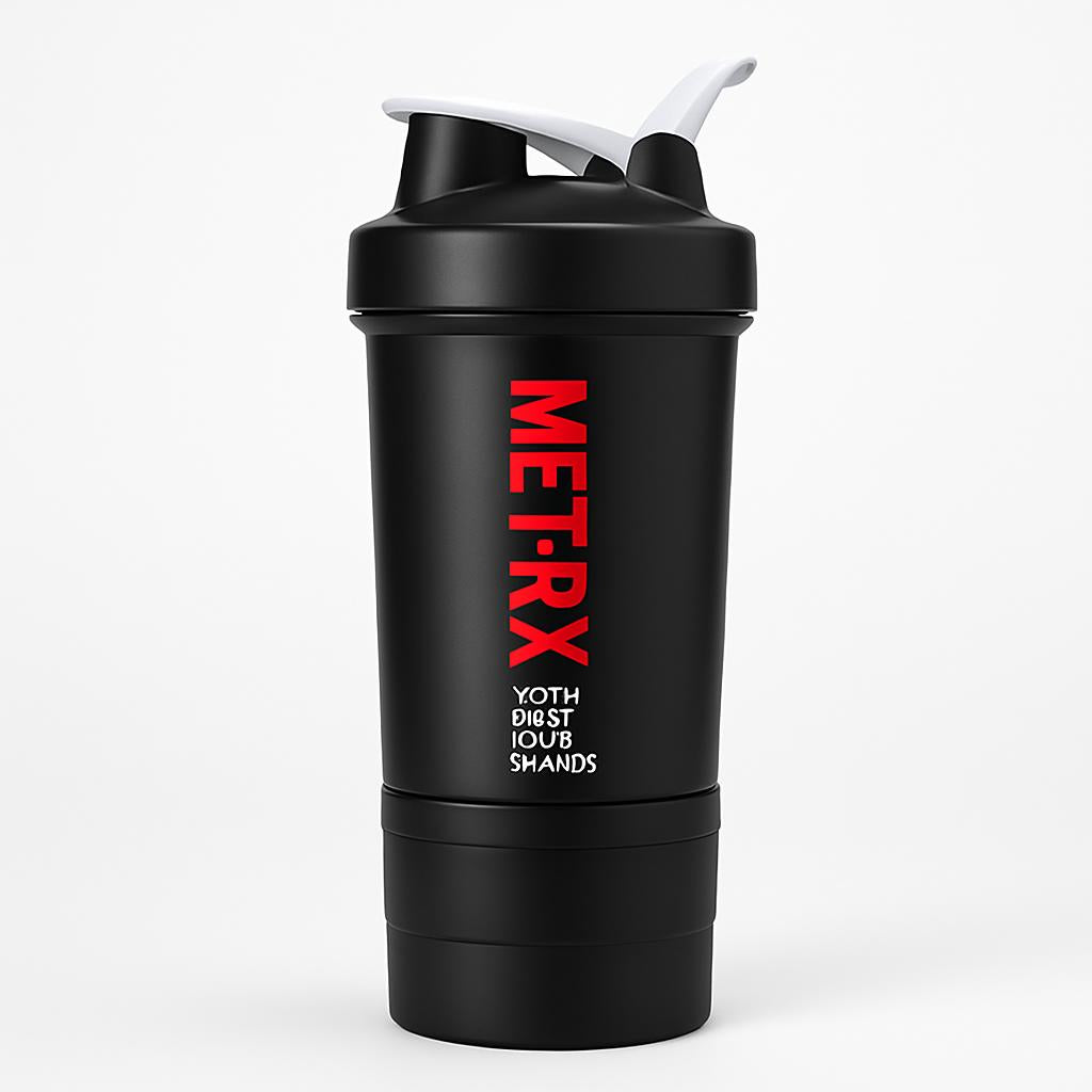 Black eco-friendly protein shaker bottle with red and white text
