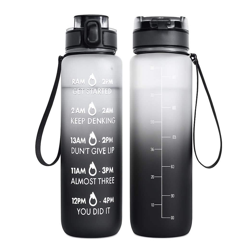 Gradient black and clear water bottle with time markers and carrying strap
