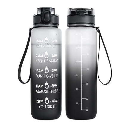 Gradient black and clear water bottle with time markers and carrying strap