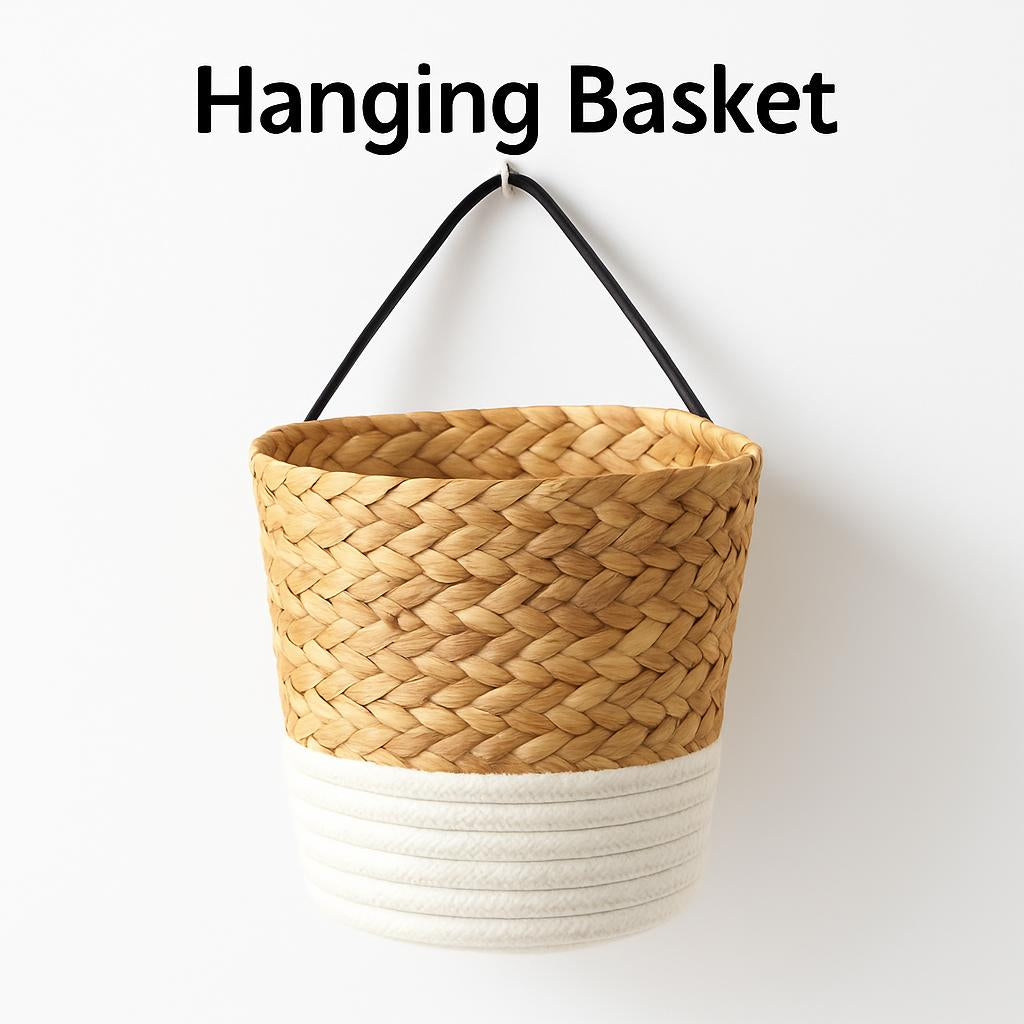Natural Beige Hanging Storage Basket - Eco-Friendly Woven Straw Organizer