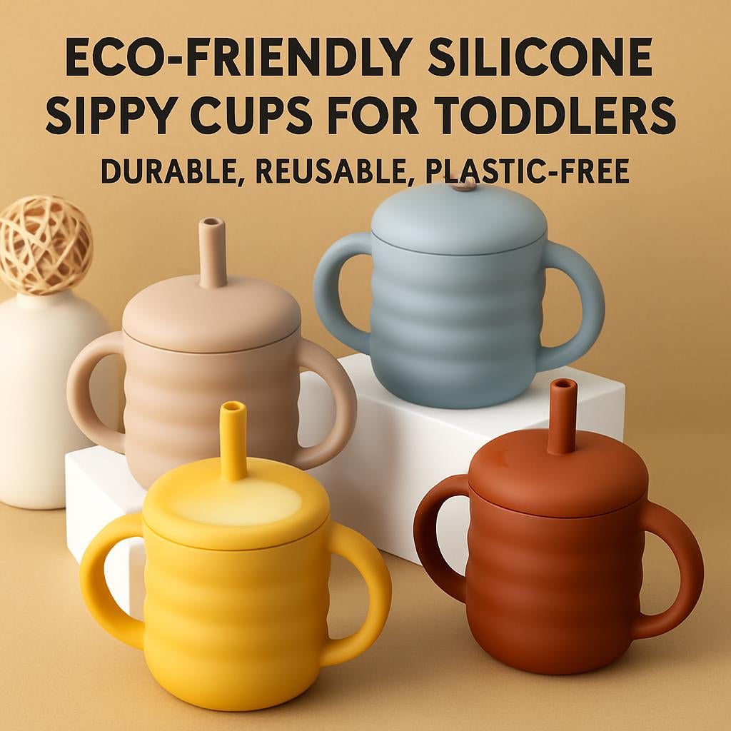 Eco-Friendly Silicone Sippy Cups for Toddlers in Beige, Blue, Yellow, Brown