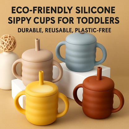 Eco-Friendly Silicone Sippy Cups for Toddlers in Beige, Blue, Yellow, Brown