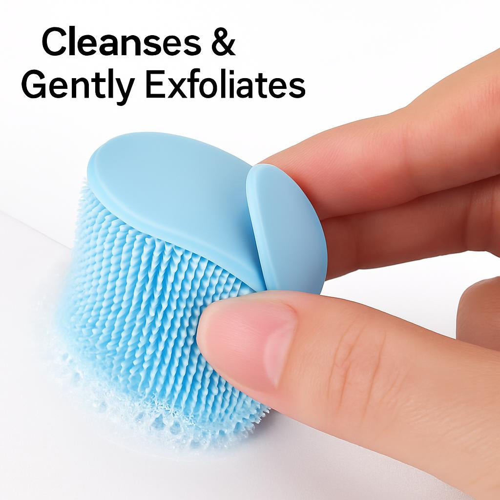 Light blue silicone face scrubber with an oval shape and textured surface