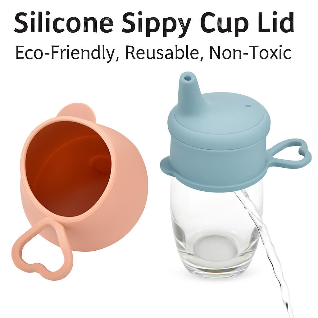Light blue and peach silicone sippy cup lid with spout and handle