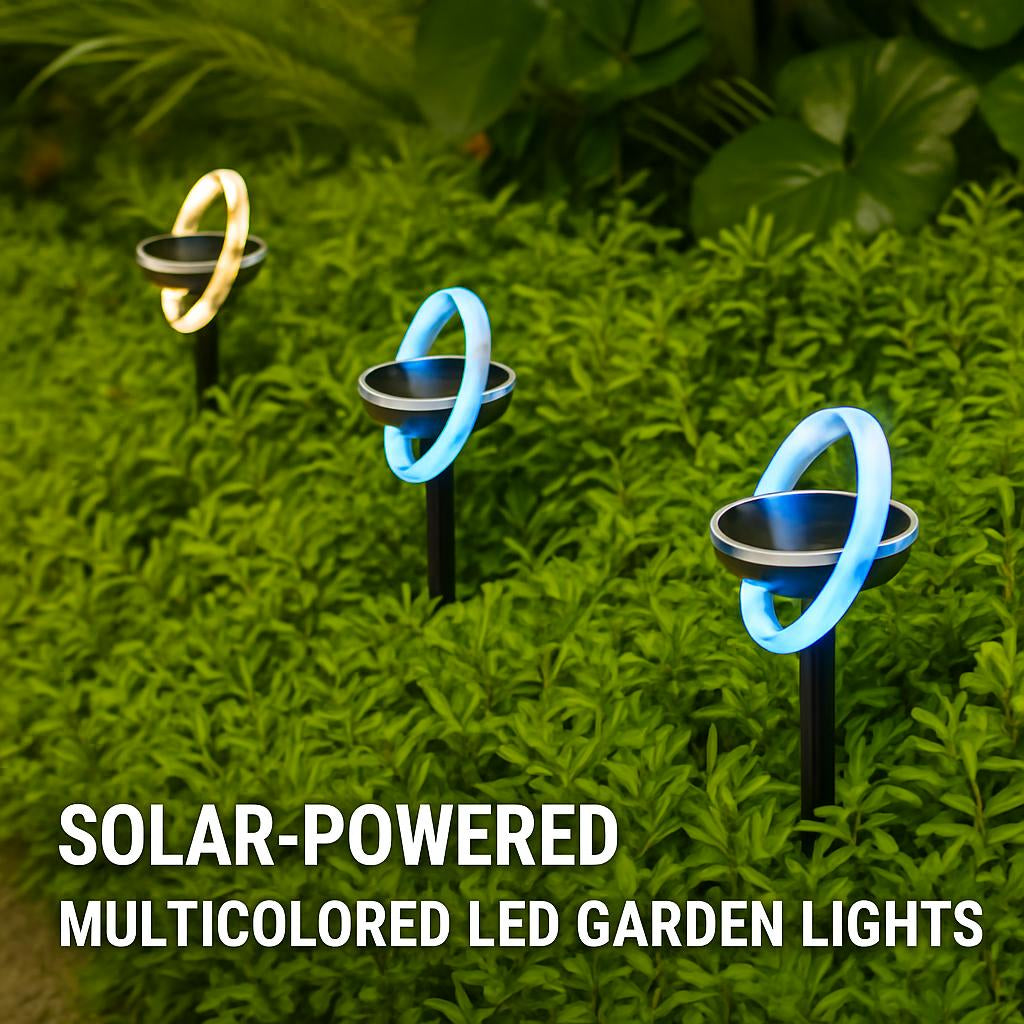 Solar-powered multicolored LED garden lights on black stakes