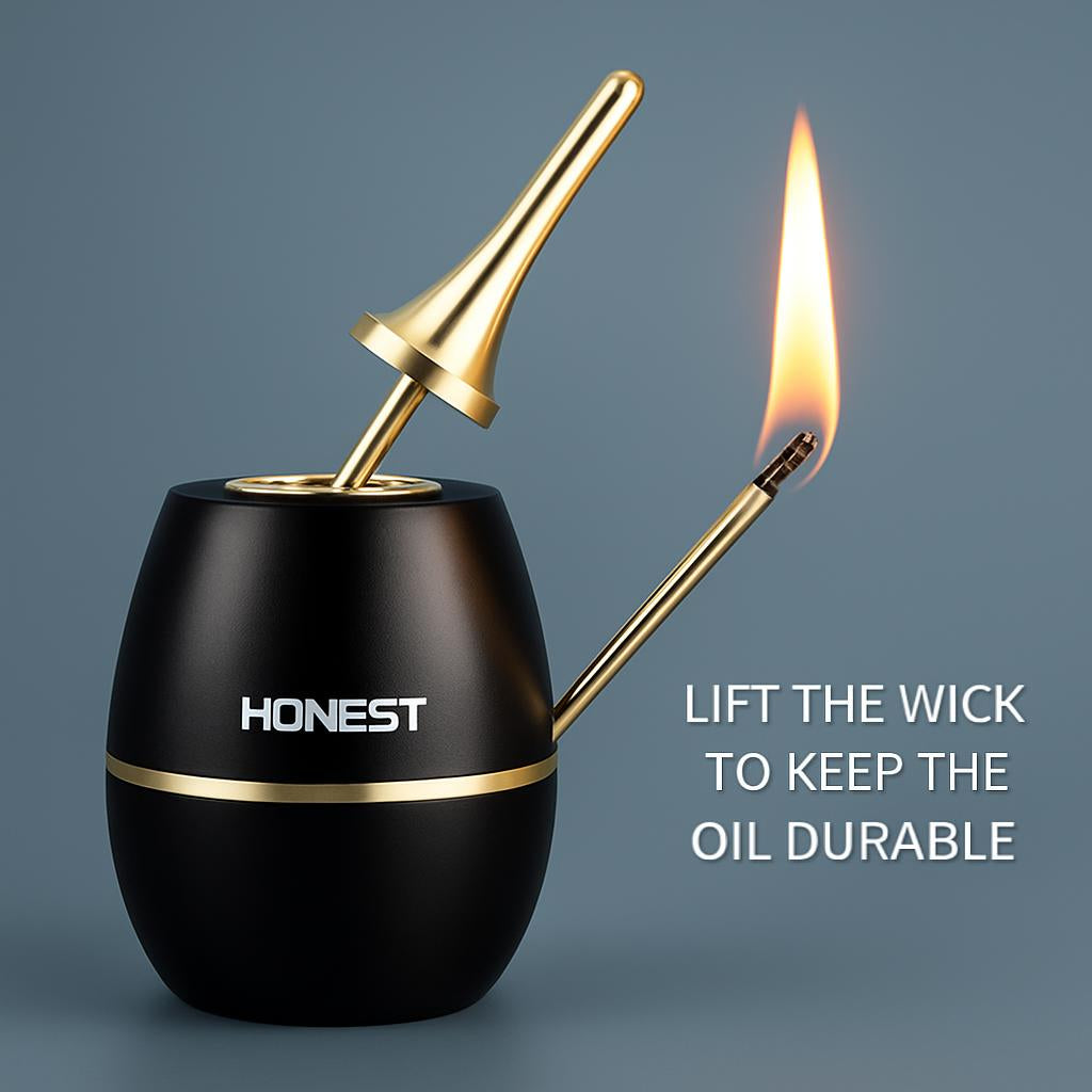 Eco-Friendly Black & Gold Oil Lamp with Cylindrical Base and Conical Top