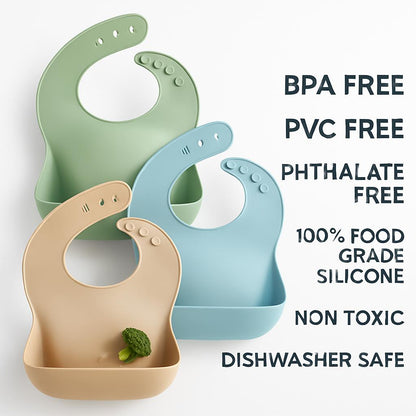 Eco-Friendly Silicone Bibs with Catch Pocket in Green, Blue, and Beige