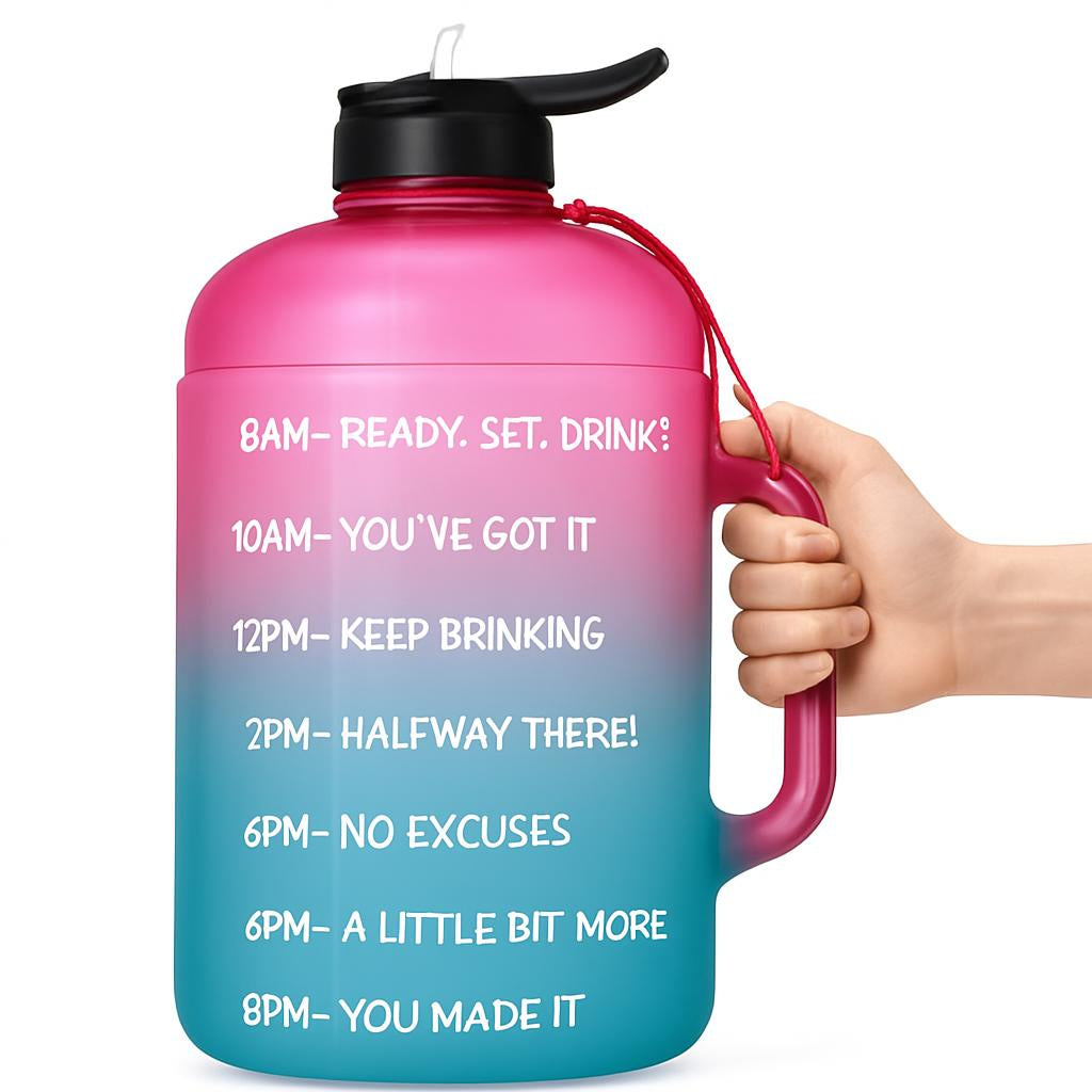 Large gradient pink to blue water bottle with time markers