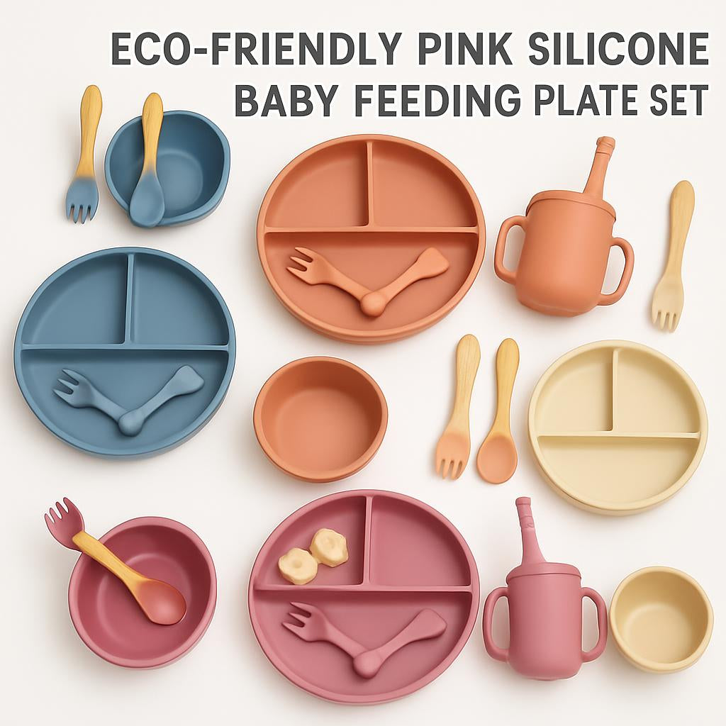 Eco-Friendly Pink Silicone Baby Feeding Plate Set