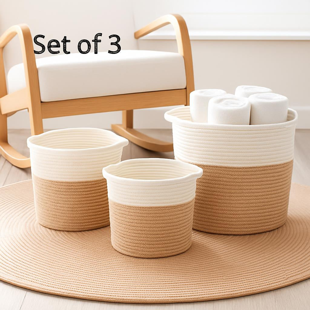 Eco-Friendly Cylindrical Storage Baskets Set in Beige and White