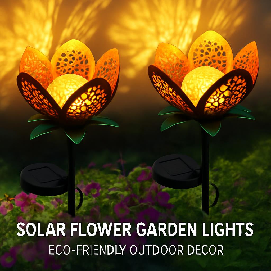 Solar Flower Garden Lights with Orange, Yellow, and Black Flower Design