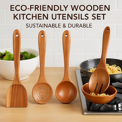 Eco-Friendly Wooden Kitchen Utensils Set - Sustainable & Durable