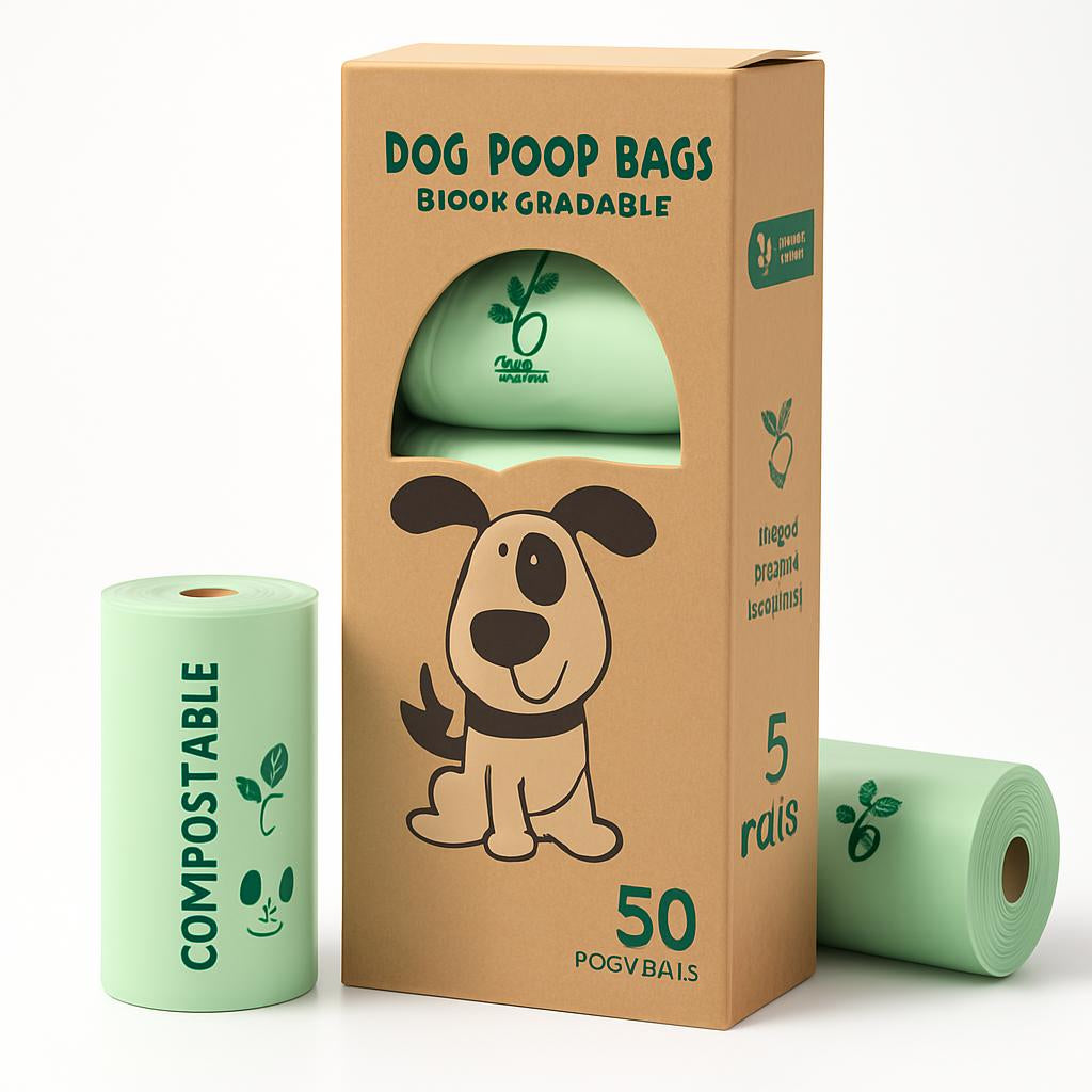Light green biodegradable dog poop bags in plastic-free packaging