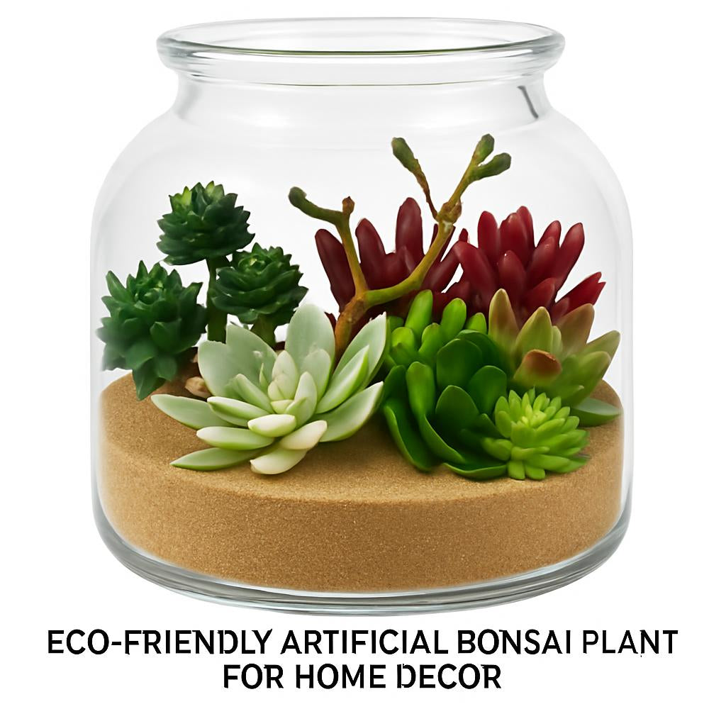 Medium-sized round glass terrarium with artificial green and red succulents