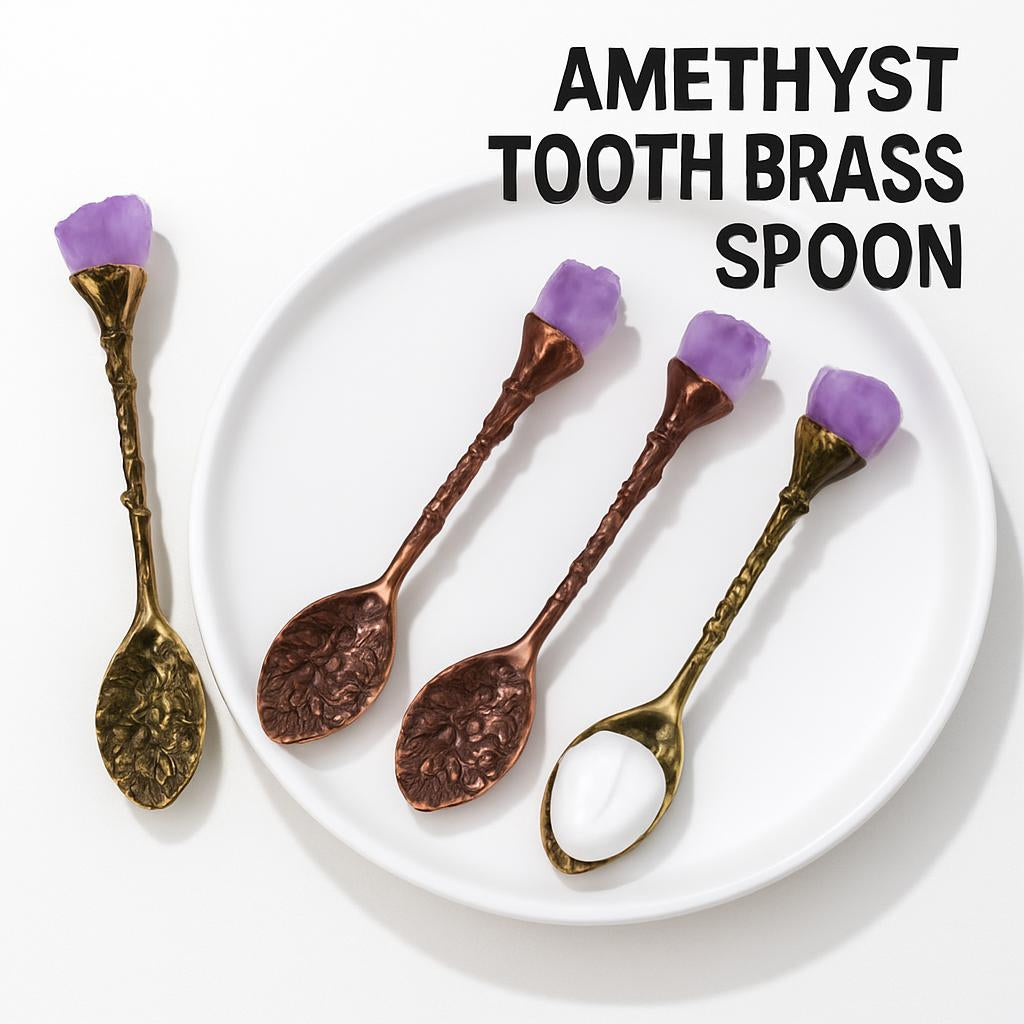 Ornate bronze and copper decorative spoons with purple stone accents