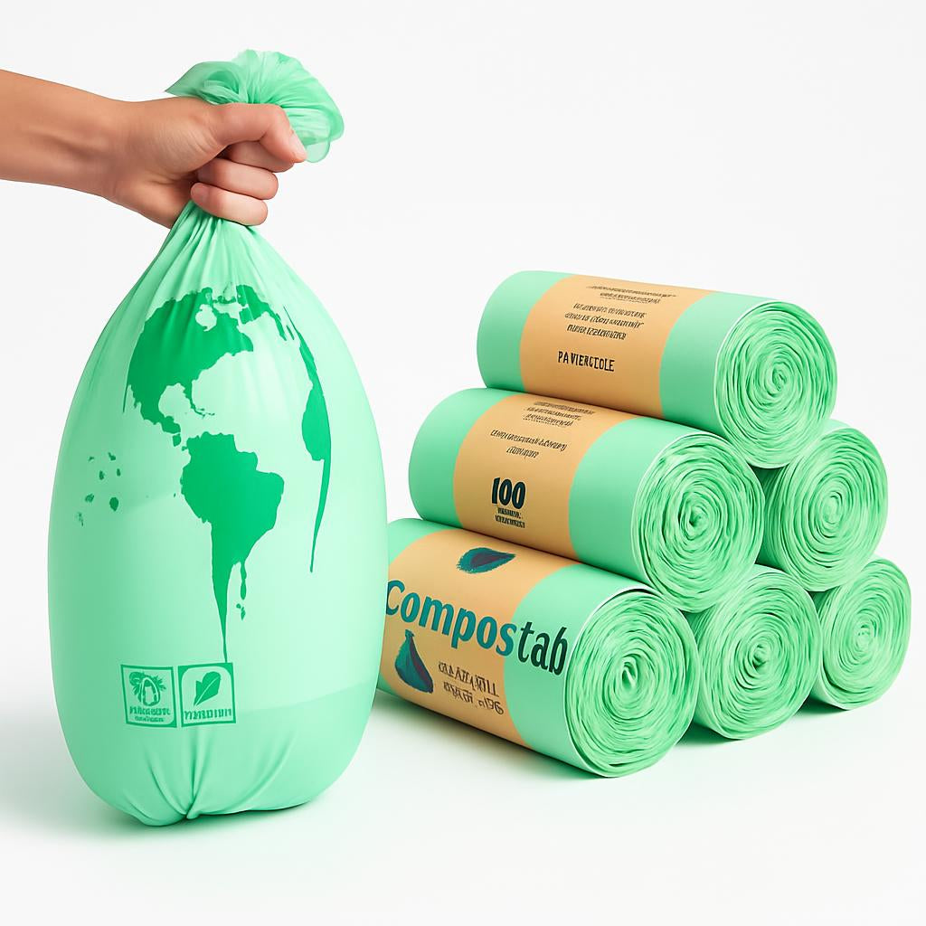 Eco-Friendly Biodegradable Trash Bags in Light Green with Plastic-Free Packaging