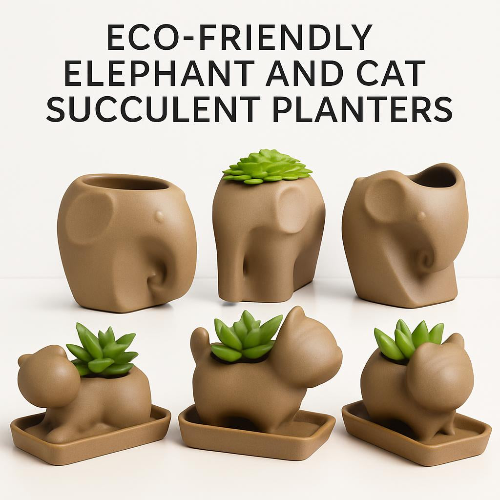 Eco-Friendly Elephant and Cat Succulent Planters in Natural Beige Ceramic