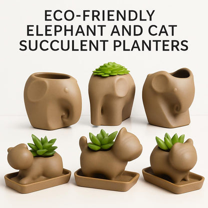 Eco-Friendly Elephant and Cat Succulent Planters in Natural Beige Ceramic