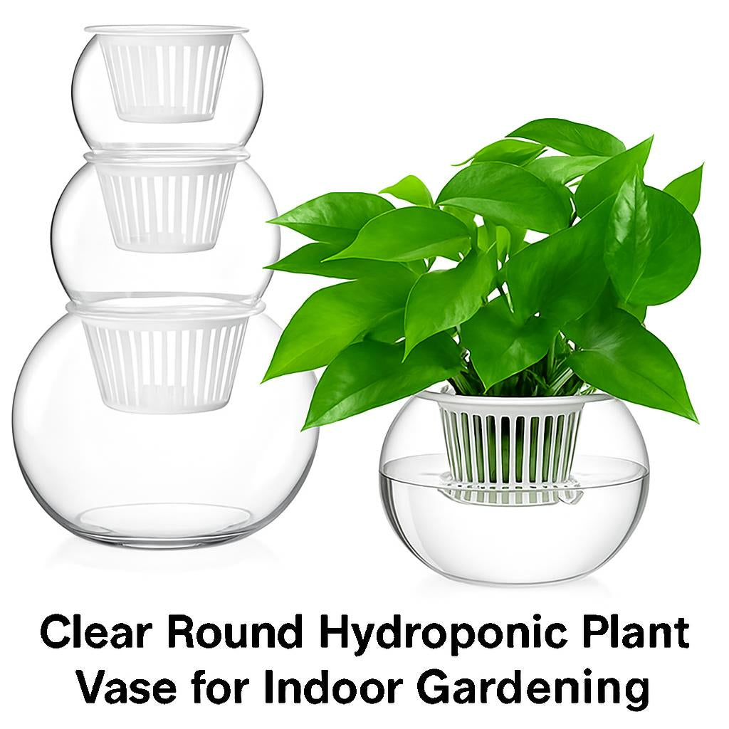 Clear round hydroponic plant vase for soil-free indoor gardening
