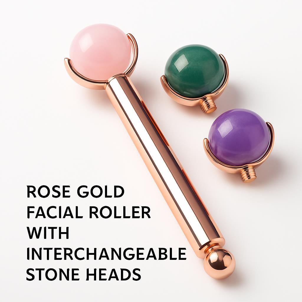 Rose Gold Facial Roller with Interchangeable Stone Heads