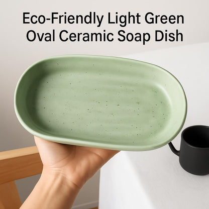 Eco-Friendly Light Green Oval Ceramic Soap Dish