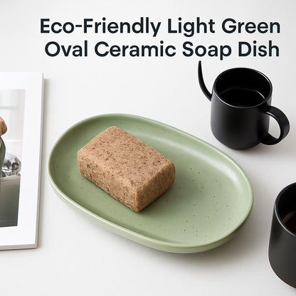 Eco-Friendly Light Green Oval Ceramic Soap Dish