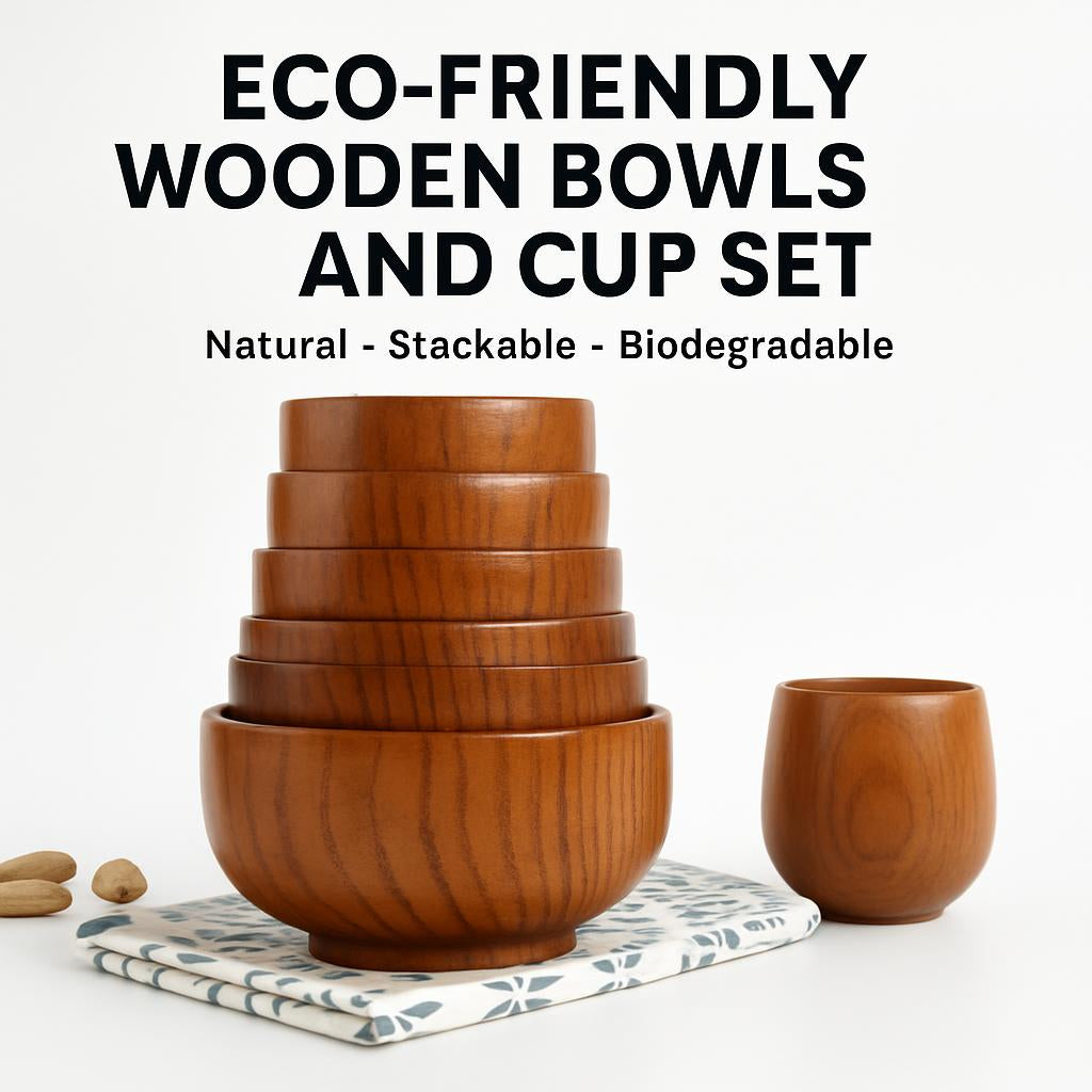 Eco-Friendly Wooden Bowls and Cup Set in Natural Wood Tone
