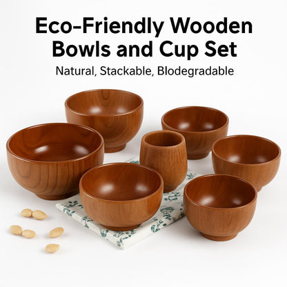 Eco-Friendly Wooden Bowls and Cup Set - Natural, Stackable, Biodegradable