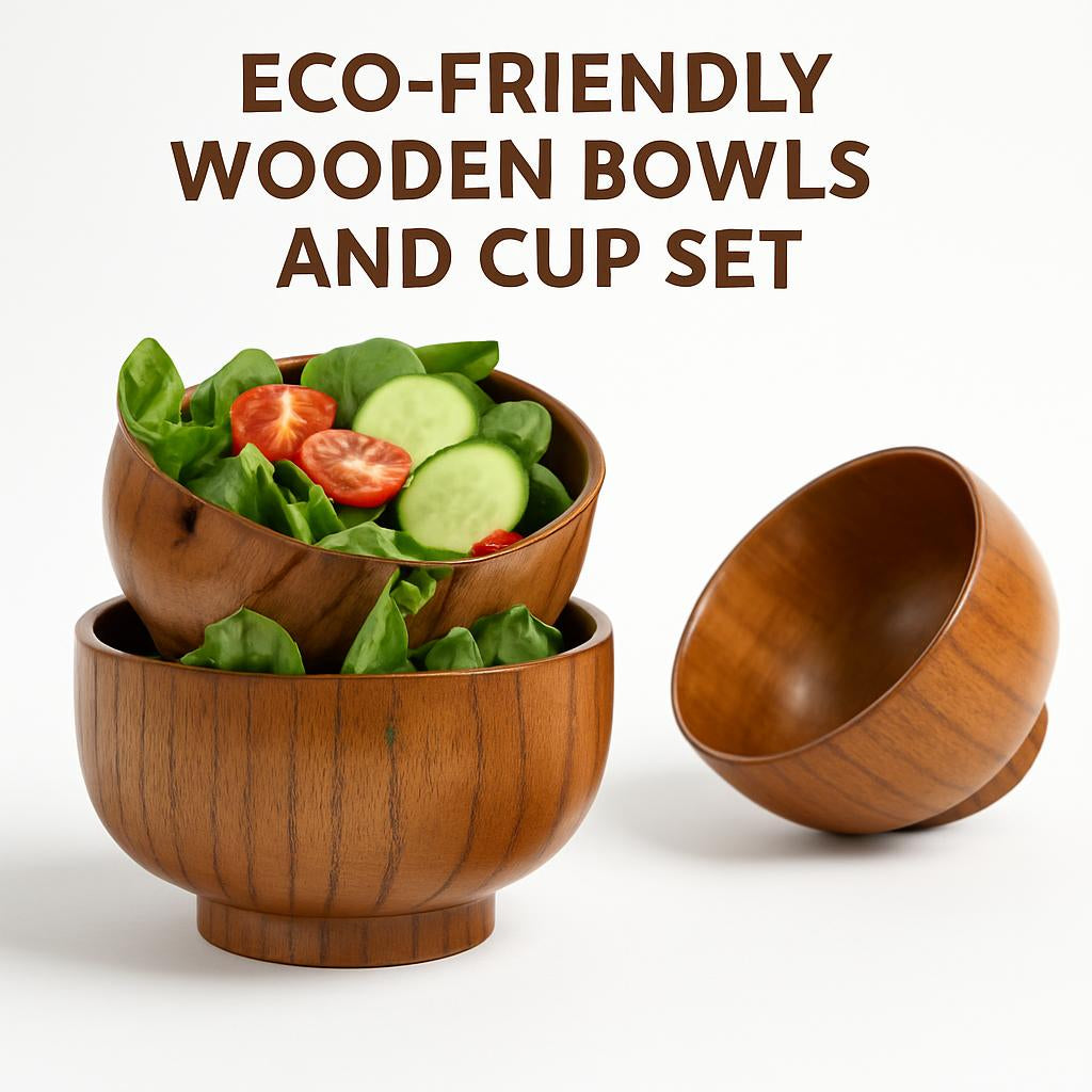 Eco-Friendly Wooden Bowls and Cup Set - Natural, Stackable, Biodegradable