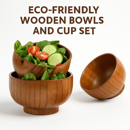 Eco-Friendly Wooden Bowls and Cup Set - Natural, Stackable, Biodegradable