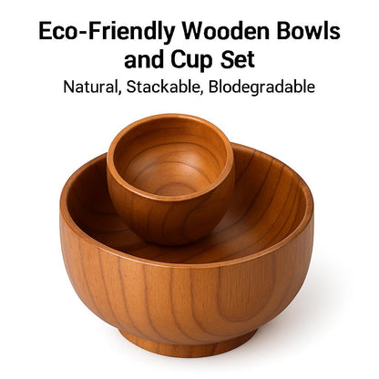 Eco-Friendly Wooden Bowls and Cup Set - Natural, Stackable, Biodegradable